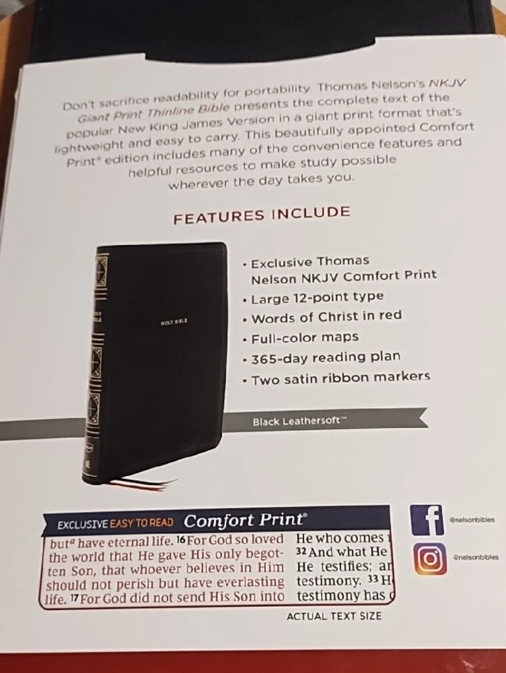 NKJV Giant Print Thinline Bible - Black New, Soft Leather.